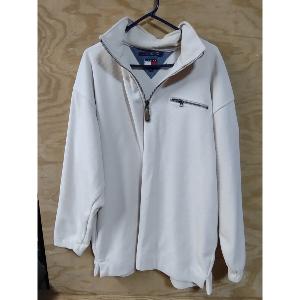 Tommy Hilfiger Vintage Mens XL Cream Ribbed Fleece Quarter Zip Pullover Crest